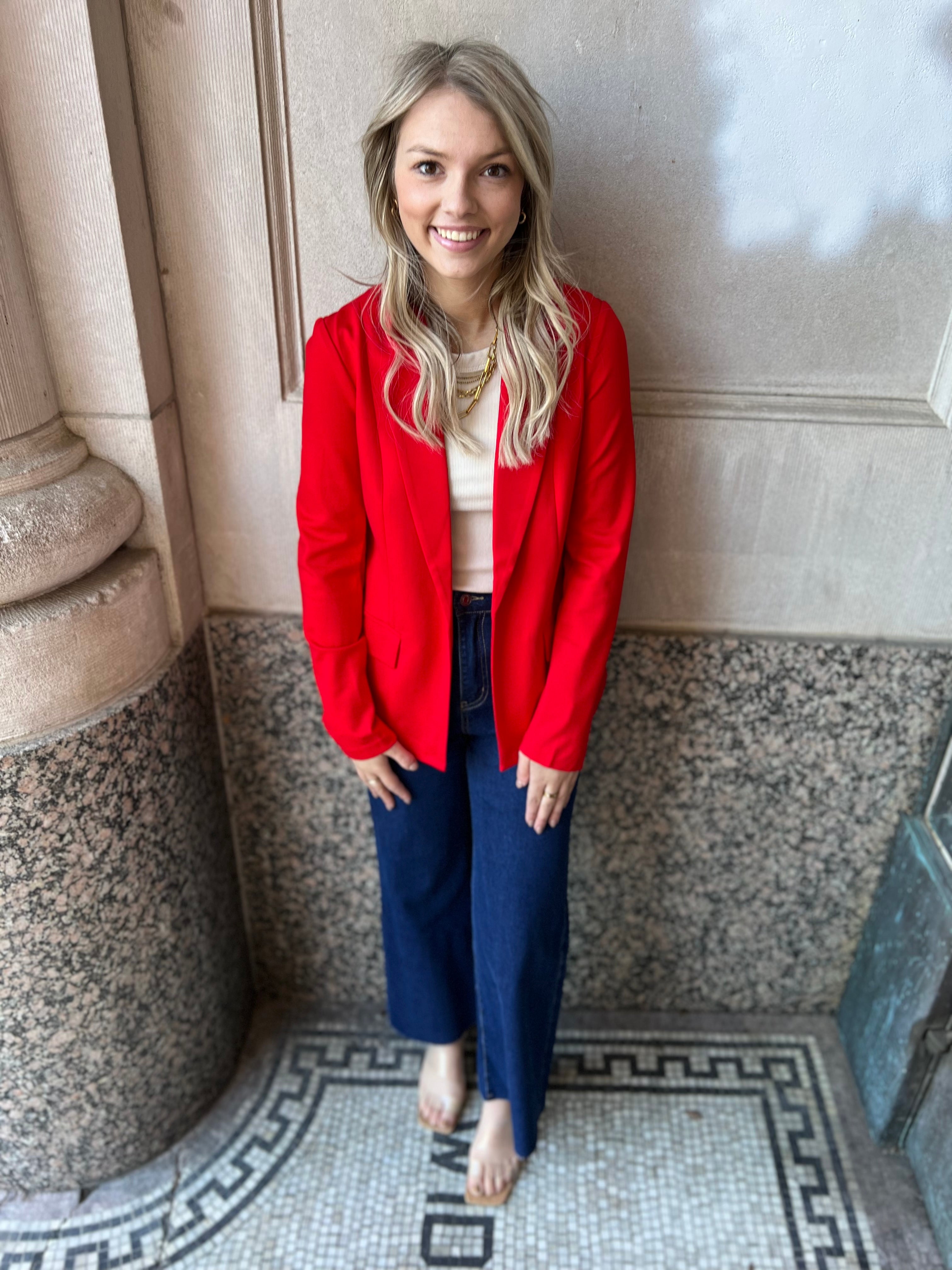 Scarlet Red Blazer-Final Sale-Blazers-skies are blue-The Silo Boutique, Women's Fashion Boutique Located in Warren and Grand Forks North Dakota