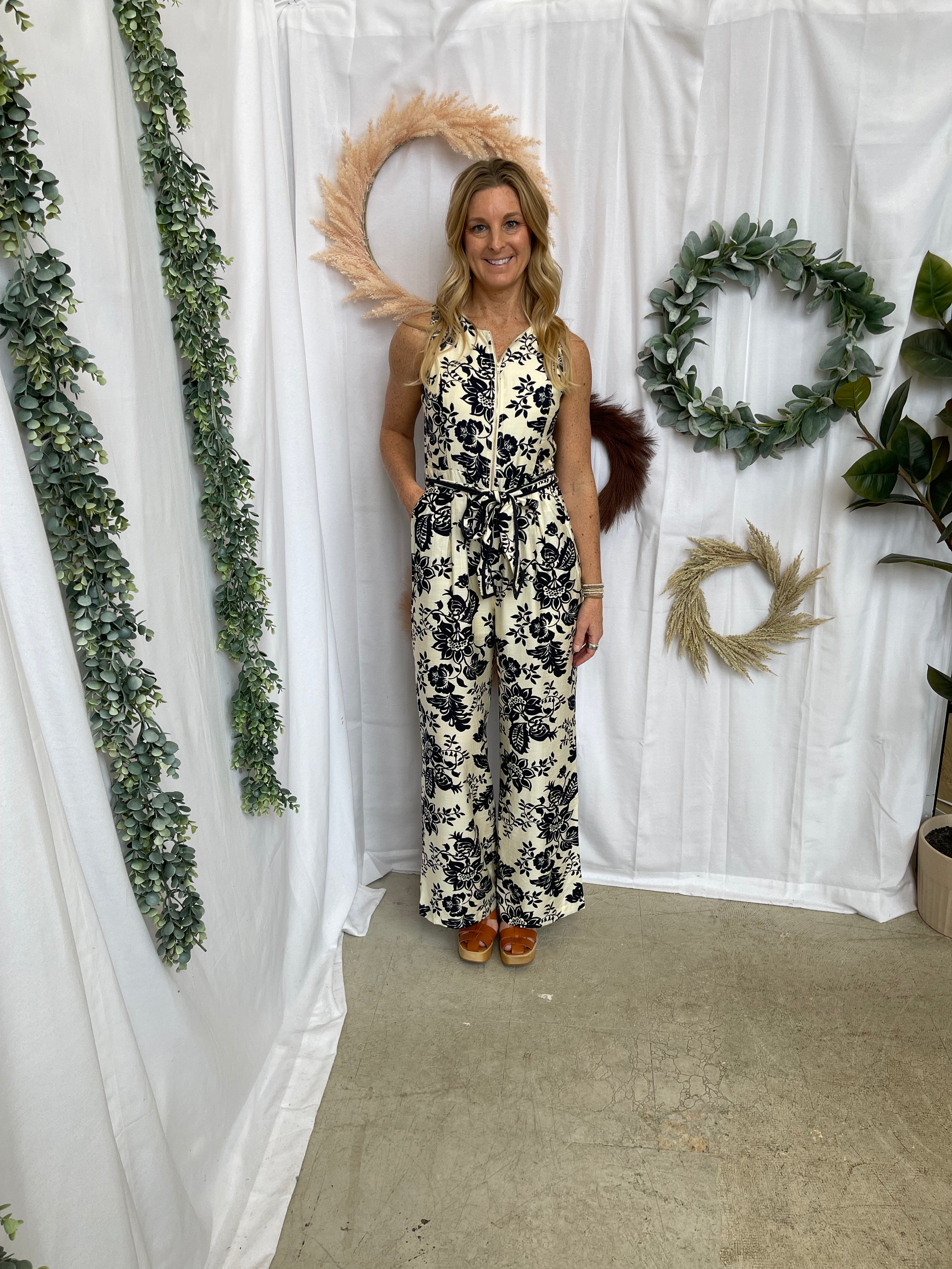 Rae Floral Print Jumpsuit-Navy-Jumpsuits & Rompers-Doe and Rae-The Silo Boutique, Women's Fashion Boutique Located in Warren and Grand Forks North Dakota