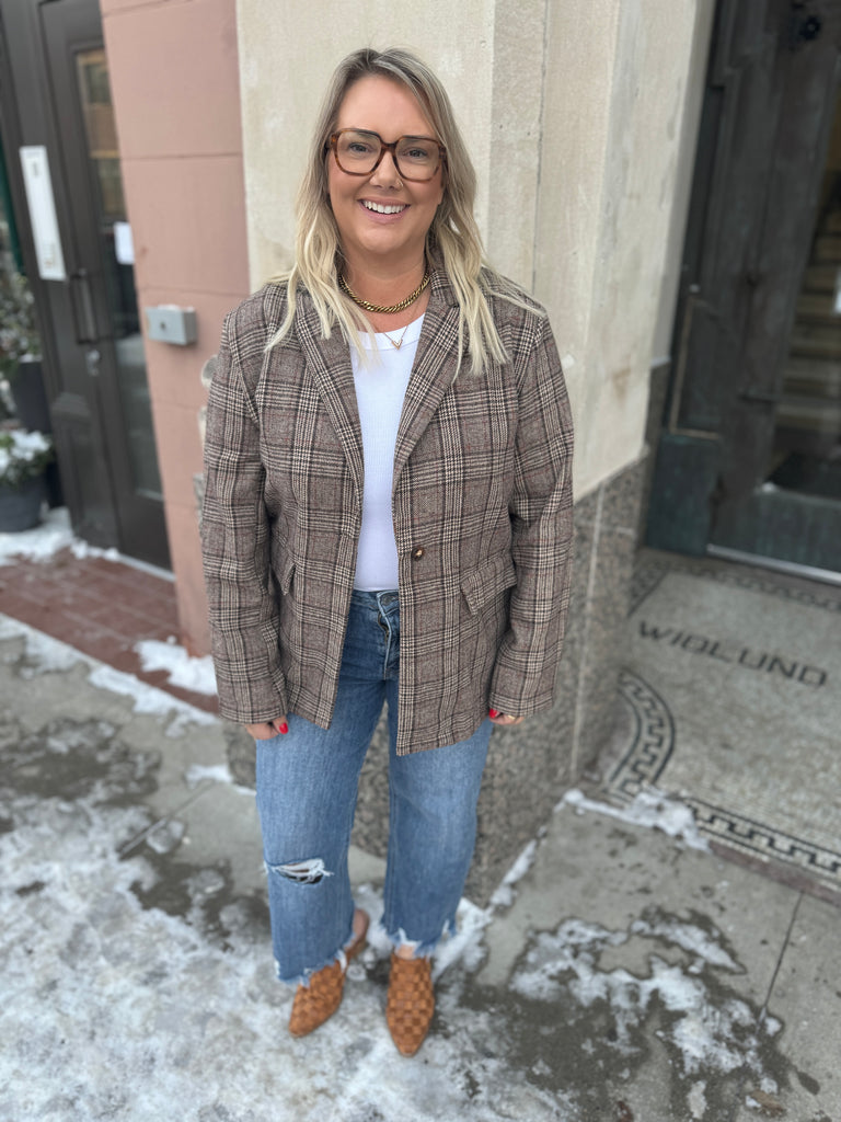 Brown Plaid Boss Babe Blazer-Blazers-blakely-The Silo Boutique, Women's Fashion Boutique Located in Warren and Grand Forks North Dakota