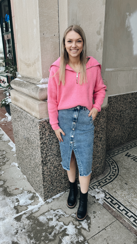 Allie Bubblegum Zip Sweater-Sweaters-allie Rose-The Silo Boutique, Women's Fashion Boutique Located in Warren and Grand Forks North Dakota