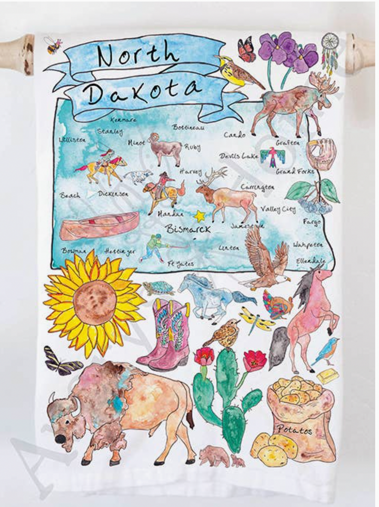 North Dakota State Map Whimsical Tea Towel-Tea Towels-Averys Home-The Silo Boutique, Women's Fashion Boutique Located in Warren and Grand Forks North Dakota