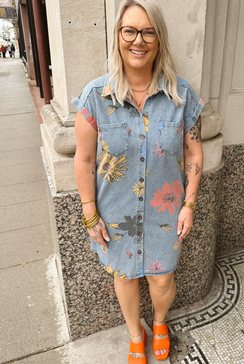 Flower Power Denim Shirt Dress-Dresses-she and sky-The Silo Boutique, Women's Fashion Boutique Located in Warren and Grand Forks North Dakota