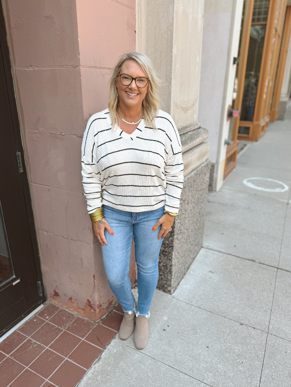 Ivory and Black Pepper Striped V Neck Top -Final Sale-Long Sleeve Tops-blu pepper-The Silo Boutique, Women's Fashion Boutique Located in Warren and Grand Forks North Dakota
