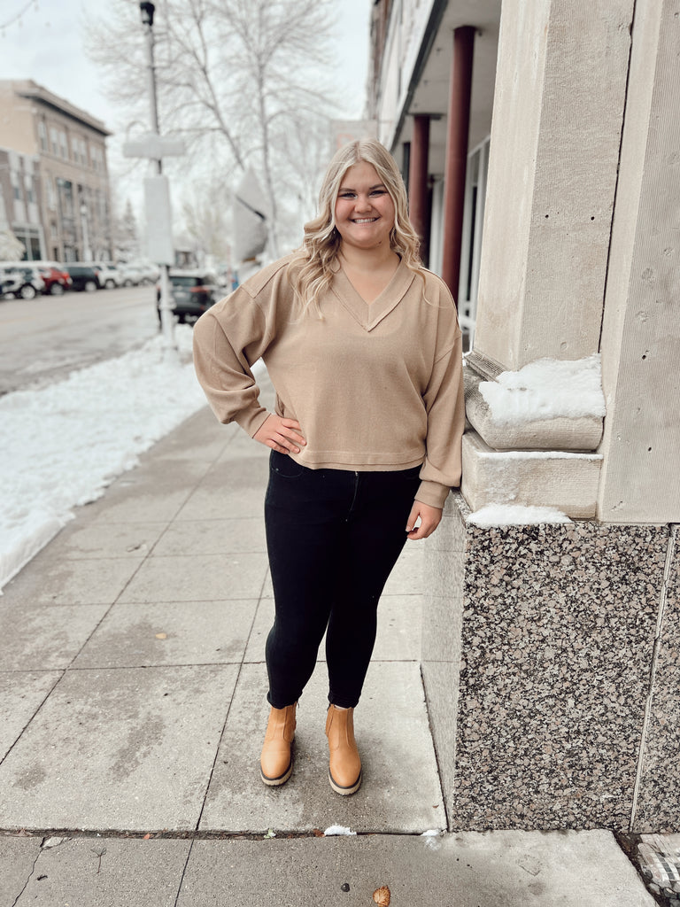 Lovey V Neck Waffle Top-clothing-Long Sleeve Tops-The Silo Boutique, Women's Fashion Boutique Located in Warren and Grand Forks North Dakota