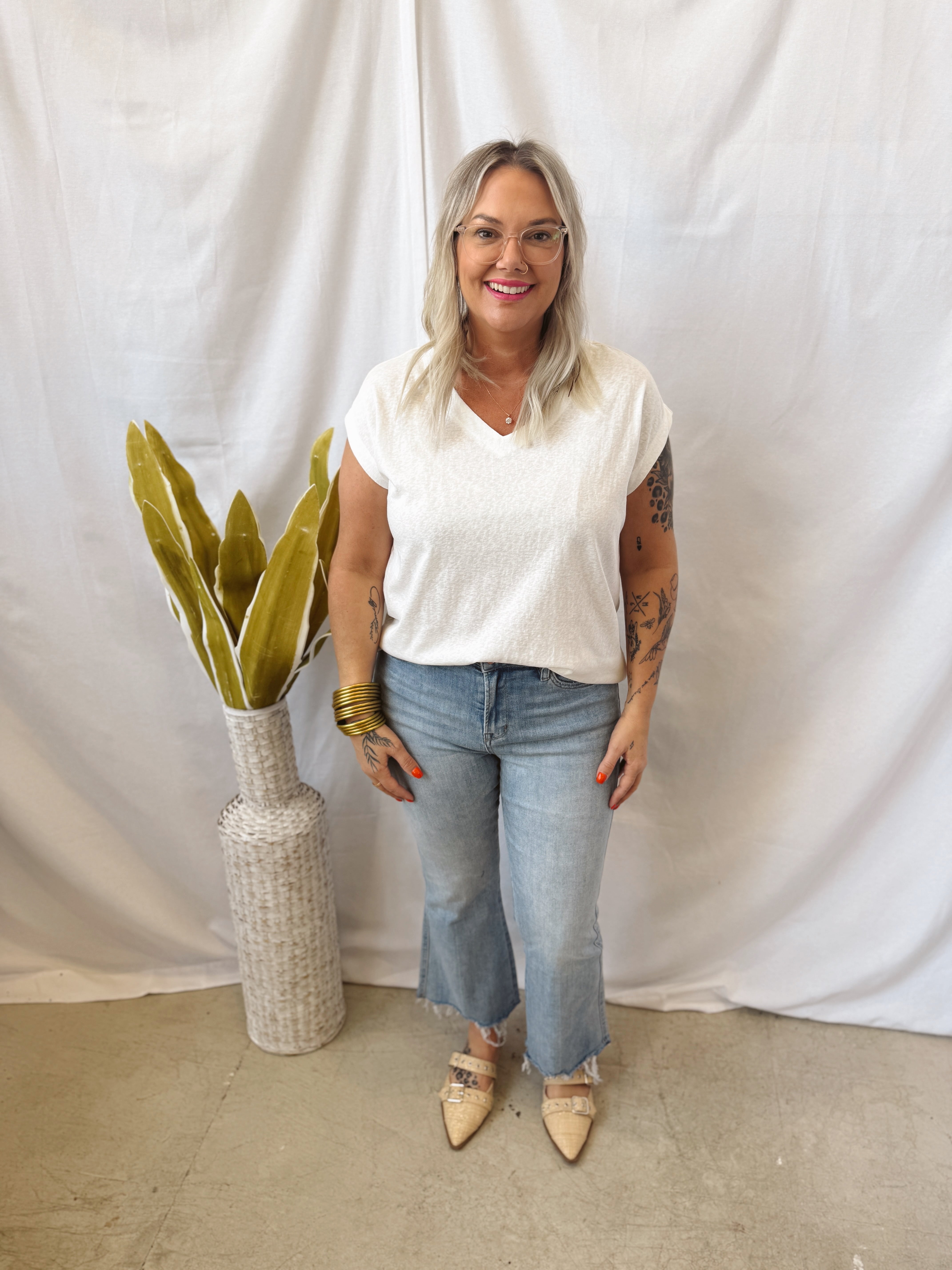 White V Neck Cap Sleeve Top-Final Sale-Short Sleeve Tops-staccato-The Silo Boutique, Women's Fashion Boutique Located in Warren and Grand Forks North Dakota