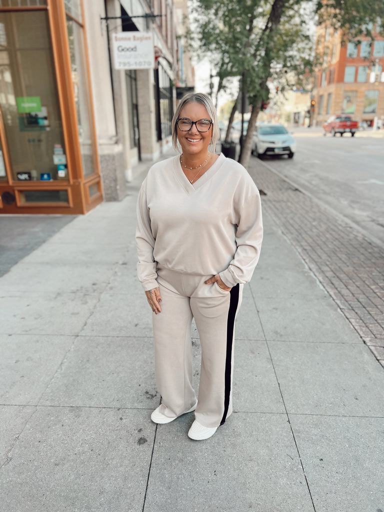 Before You Taupe Scuba V Neck Pullover-sweater-before you-The Silo Boutique, Women's Fashion Boutique Located in Warren and Grand Forks North Dakota
