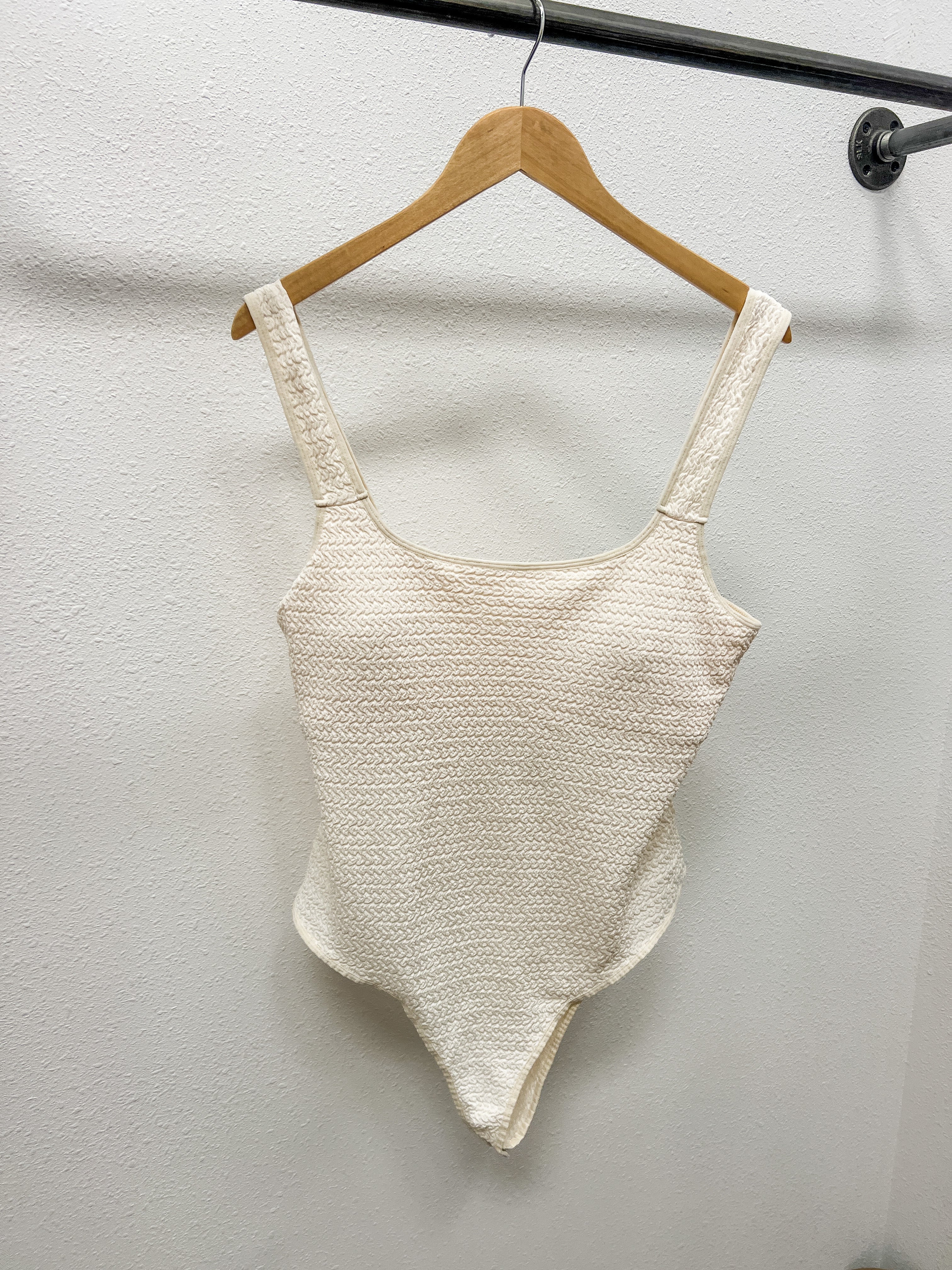 Cream Stretchy Textured Bodysuit-Final Sale-Bodysuits-heyson-The Silo Boutique, Women's Fashion Boutique Located in Warren and Grand Forks North Dakota