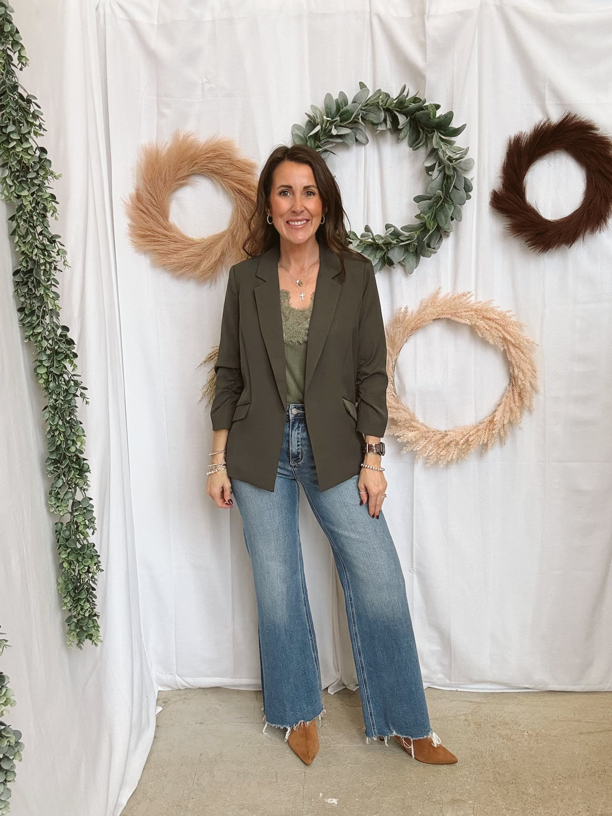 Skies Shirred Sleeve Blazer-Dark Olive-Blazers-skies are blue-The Silo Boutique, Women's Fashion Boutique Located in Warren and Grand Forks North Dakota