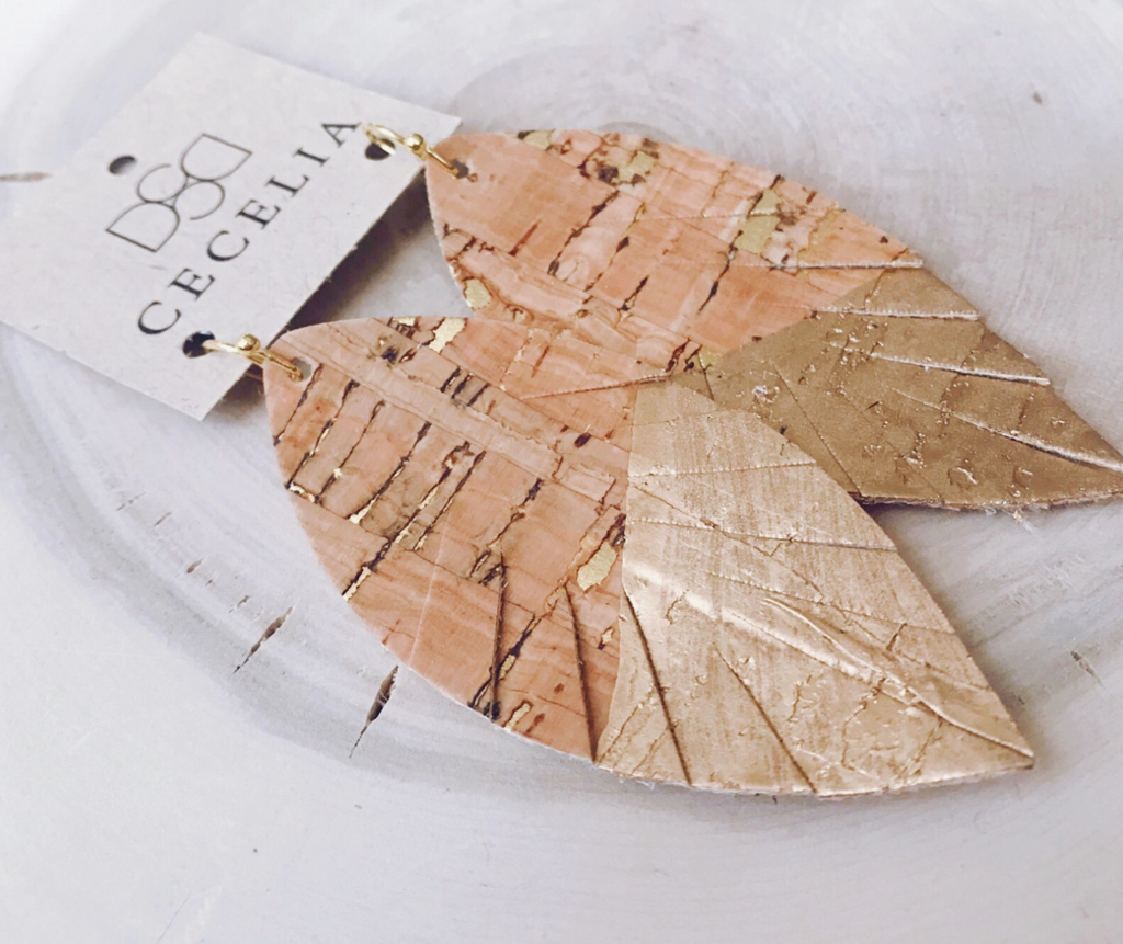Gold Cork Leaf Leather Earrings-Jewelry-cecila-The Silo Boutique, Women's Fashion Boutique Located in Warren and Grand Forks North Dakota